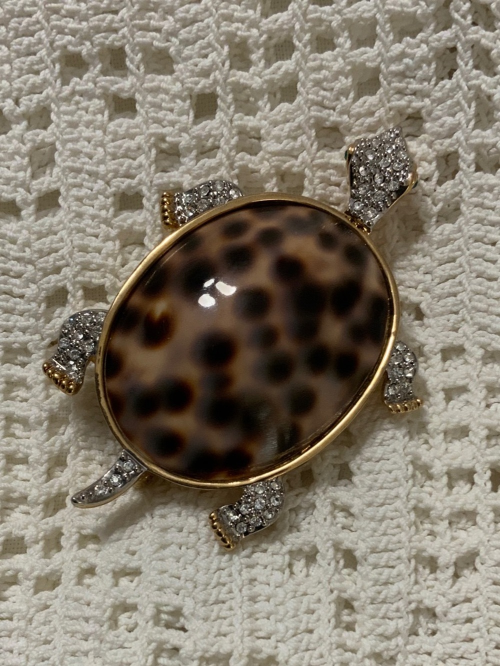 Kenneth Jay Lane Leopard Print Turtle Brooch with Gold Tone and Crystal Accents